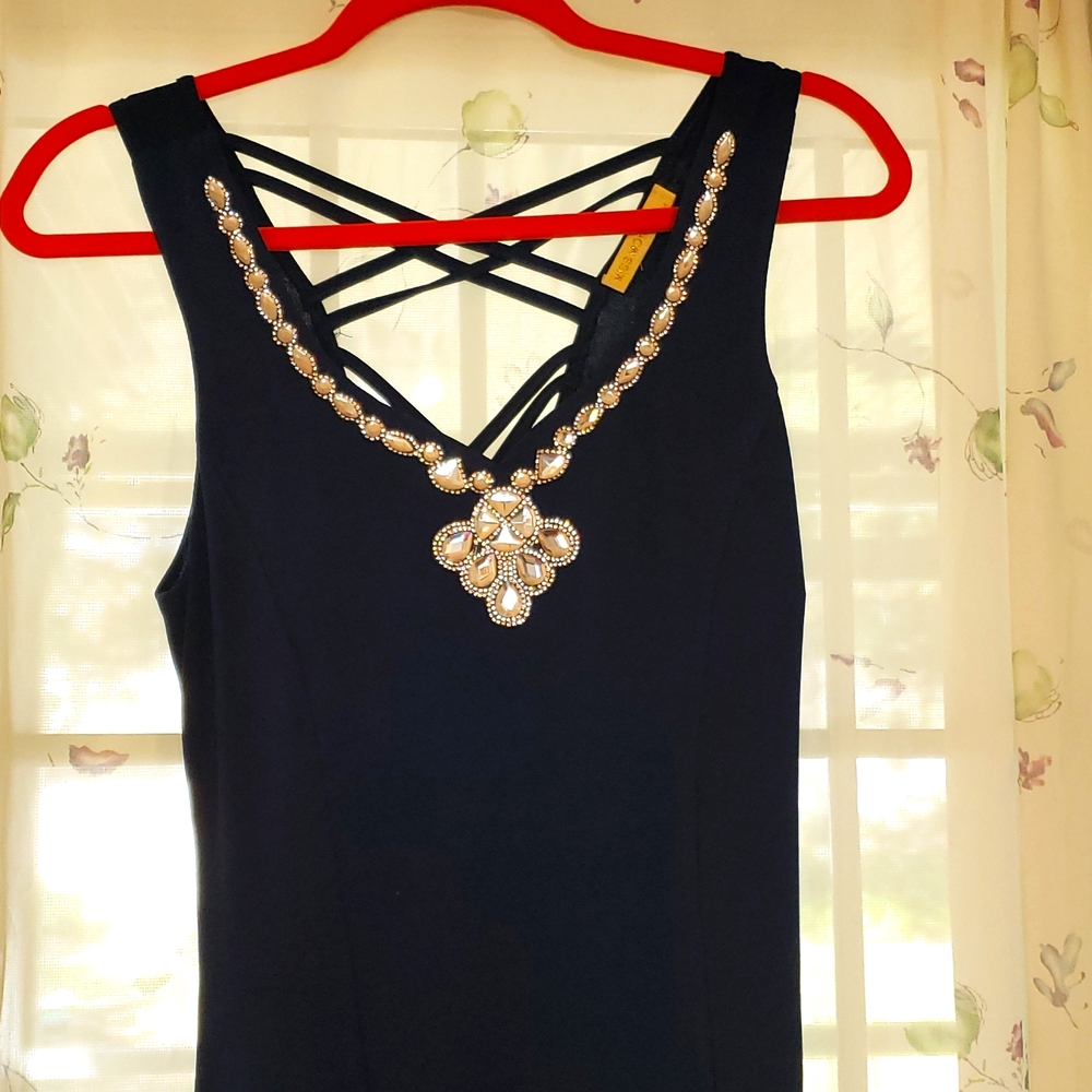 Navy open back full length dress